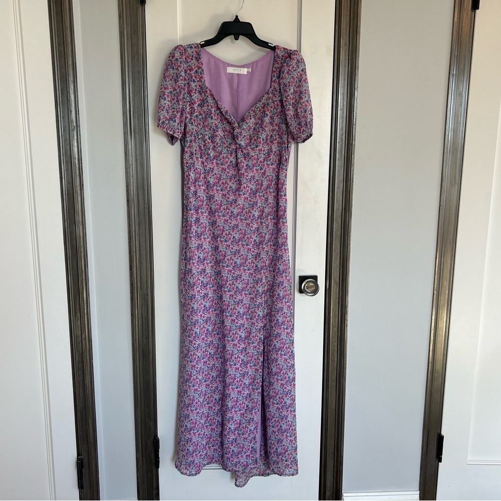 ASTR the Label Sweetheart Neck Maxi Dress in Pink Purple Blue Ditzy, L - Picture 3 of 11
